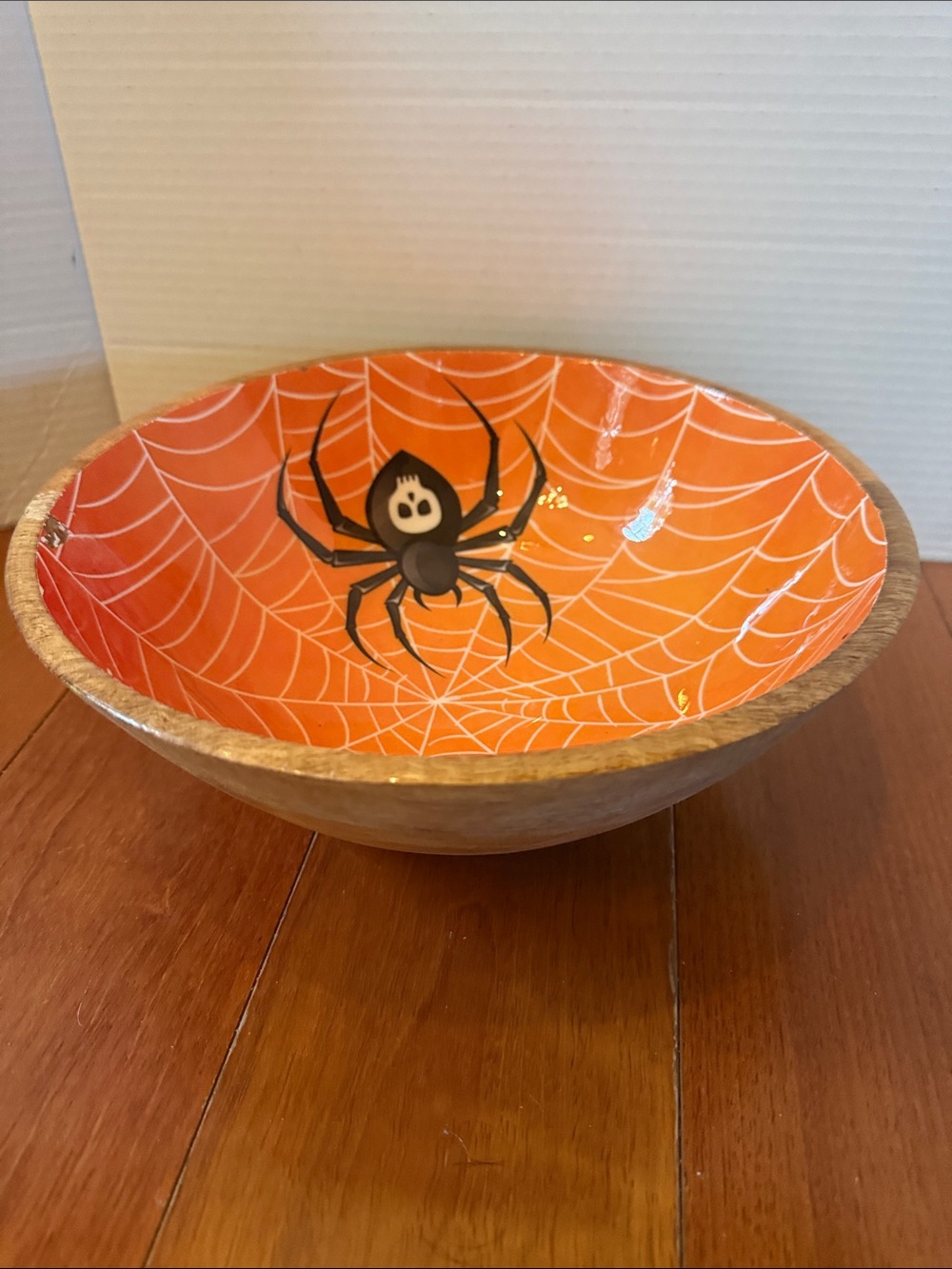 Halloween Wooden Spider Web Painted Bowl Made in India Candy Dish FLAWED